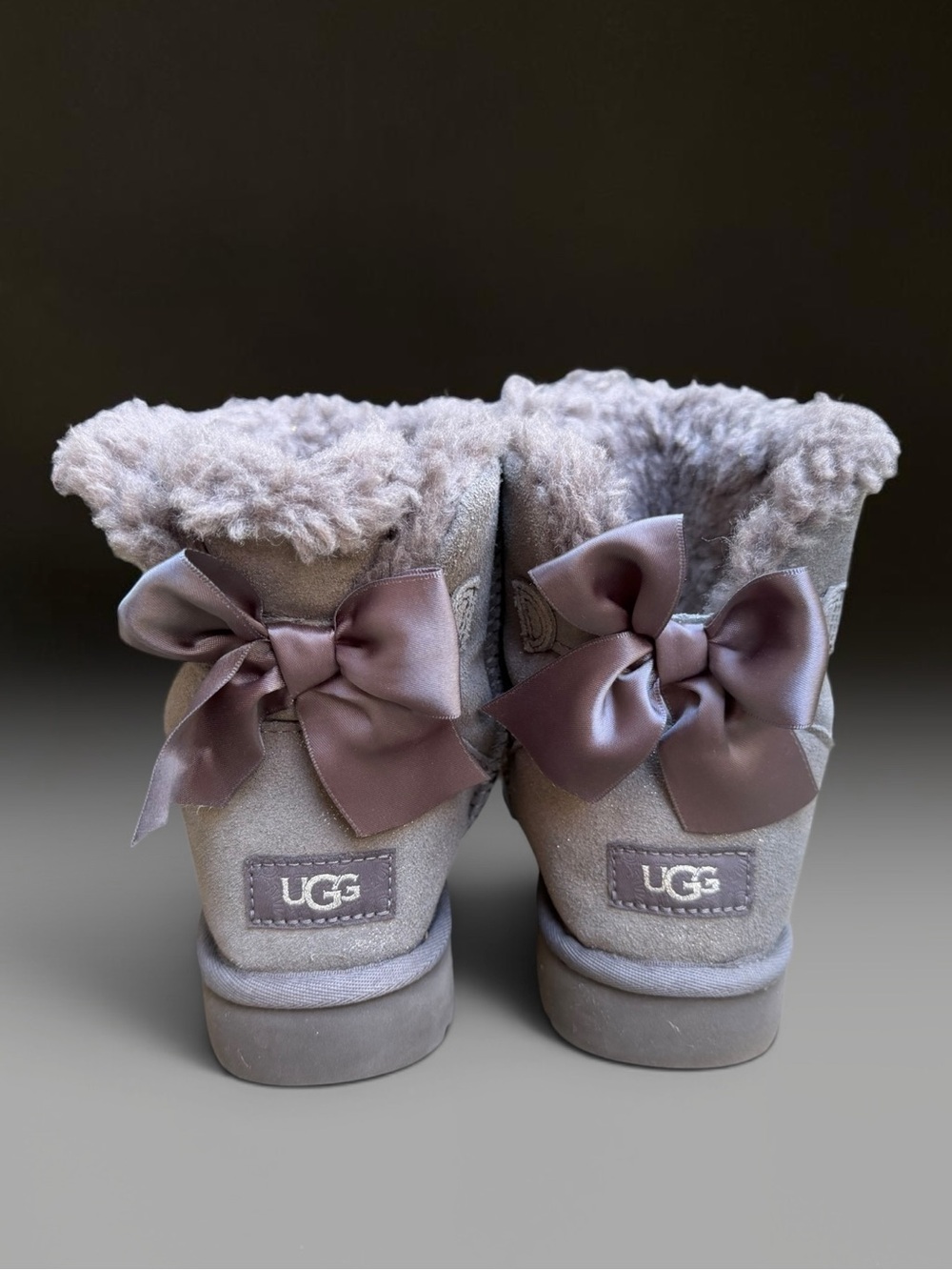 Women’s UGG Mini Bailey Bow II Shimmer Boots Booties Gray Twinface Sheepskin